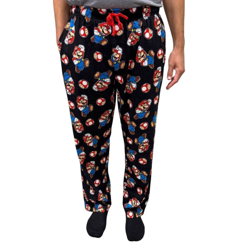 Nintendo Men's Super Mario & Mushroom All-Over Print Pajama Sleep Pants, Black
